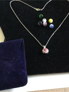 Interchangeable Pink Cat's Eye Pendant Necklace in Silver Tone